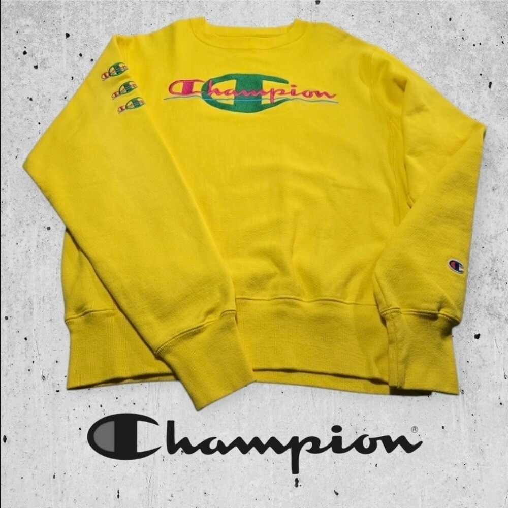 Champion Unisex Reverse Weave Retro Embroidered Logo Sweatshirt Bright Yellow S - Picture 2 of 14